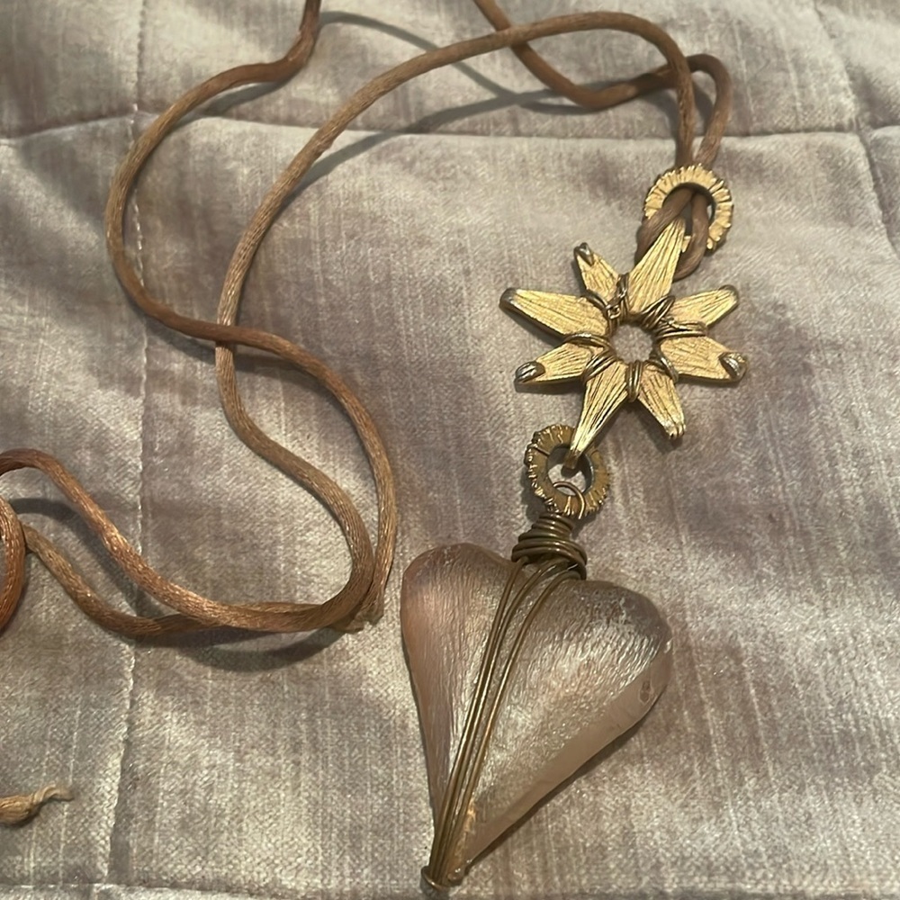 Heart & Sunflower Necklace & Earrings Set Vintage Glass